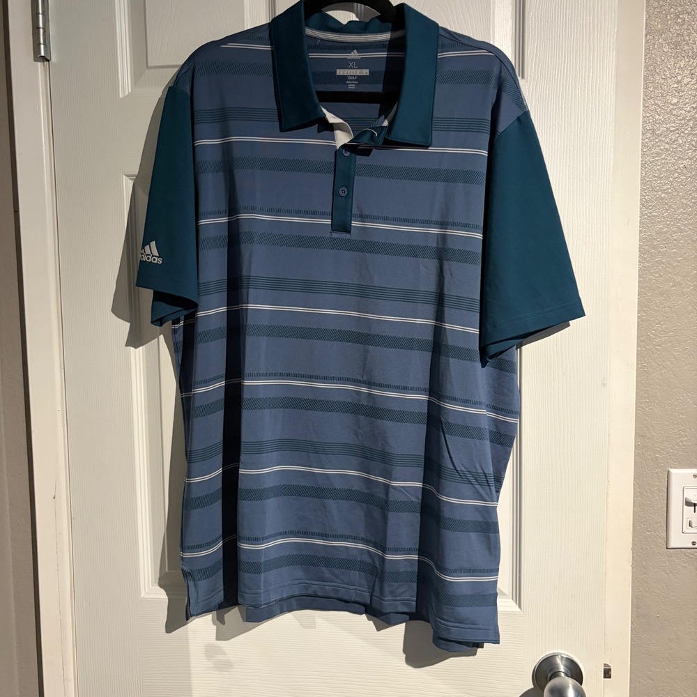 Adidas Golf Polo Shirt Mens XL Blue Teal Striped Short Sleeve UPF 50 New